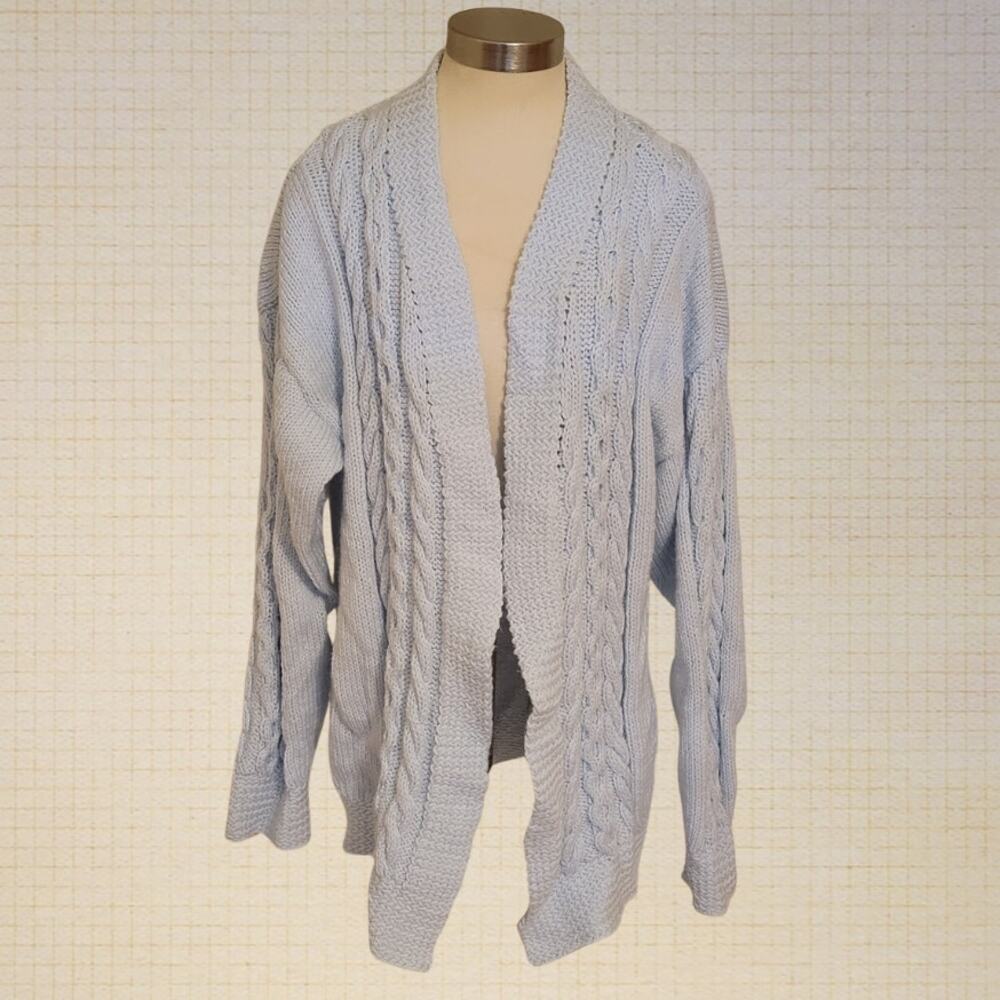 Handmade Pastel Blue Cable Knit Open Cardigan Womens L XL Cozy Sweater